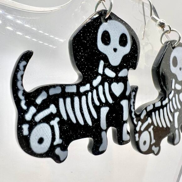 Skeleton Dog Earrings - Halloween Earrings - Weenie Dog Earrings - Dachsund - Picture 2 of 8